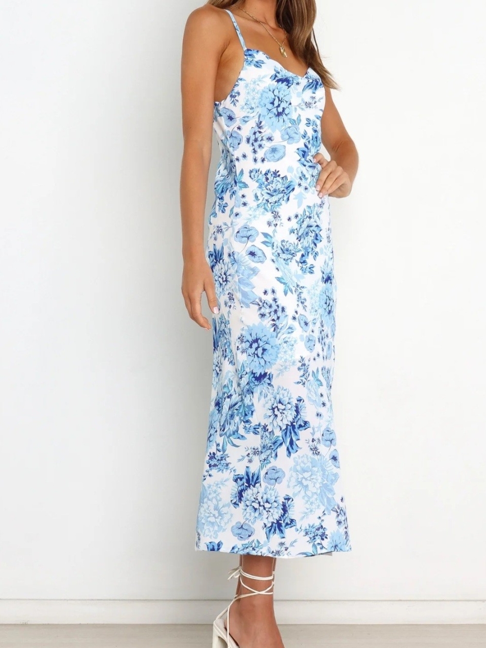 Petal & Pup Yelena Blue and White Floral Slip Midi Dress - Picture 5 of 12